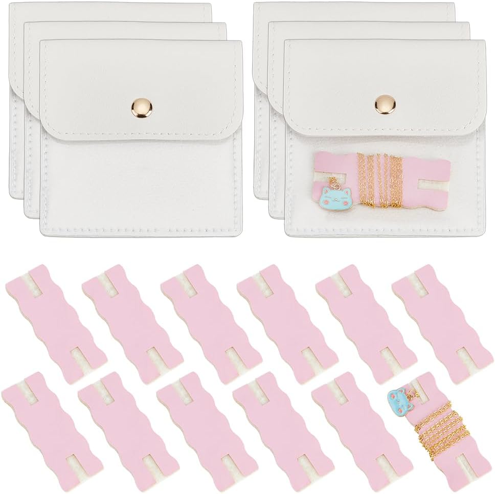 18 Pack Portable Necklace Display Cards with White Storage Bags Tangle-Free Jewelry Organizer Set PU Leather Jewelry Holder Kit for Home Travel Earrings Rings Necklaces Jewelry Storage