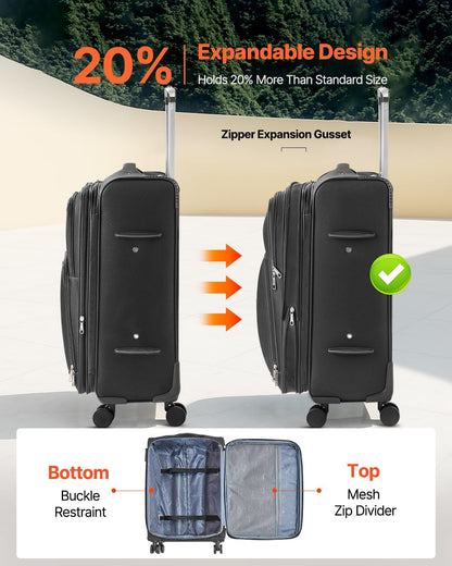 Softside Expandable Luggage with Spinner Wheels, 24-Inch Softside Checked Medium Luggage, Lightweight Checked Suitcase with Expandable Zippered Pocket and TSA Lock, Black