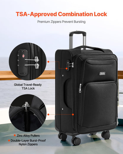 Softside Expandable Luggage with Spinner Wheels, 24-Inch Softside Checked Medium Luggage, Lightweight Checked Suitcase with Expandable Zippered Pocket and TSA Lock, Black