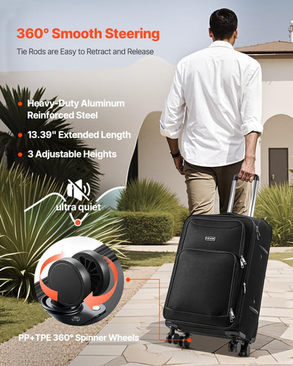 Softside Expandable Luggage with Spinner Wheels, 24-Inch Softside Checked Medium Luggage, Lightweight Checked Suitcase with Expandable Zippered Pocket and TSA Lock, Black