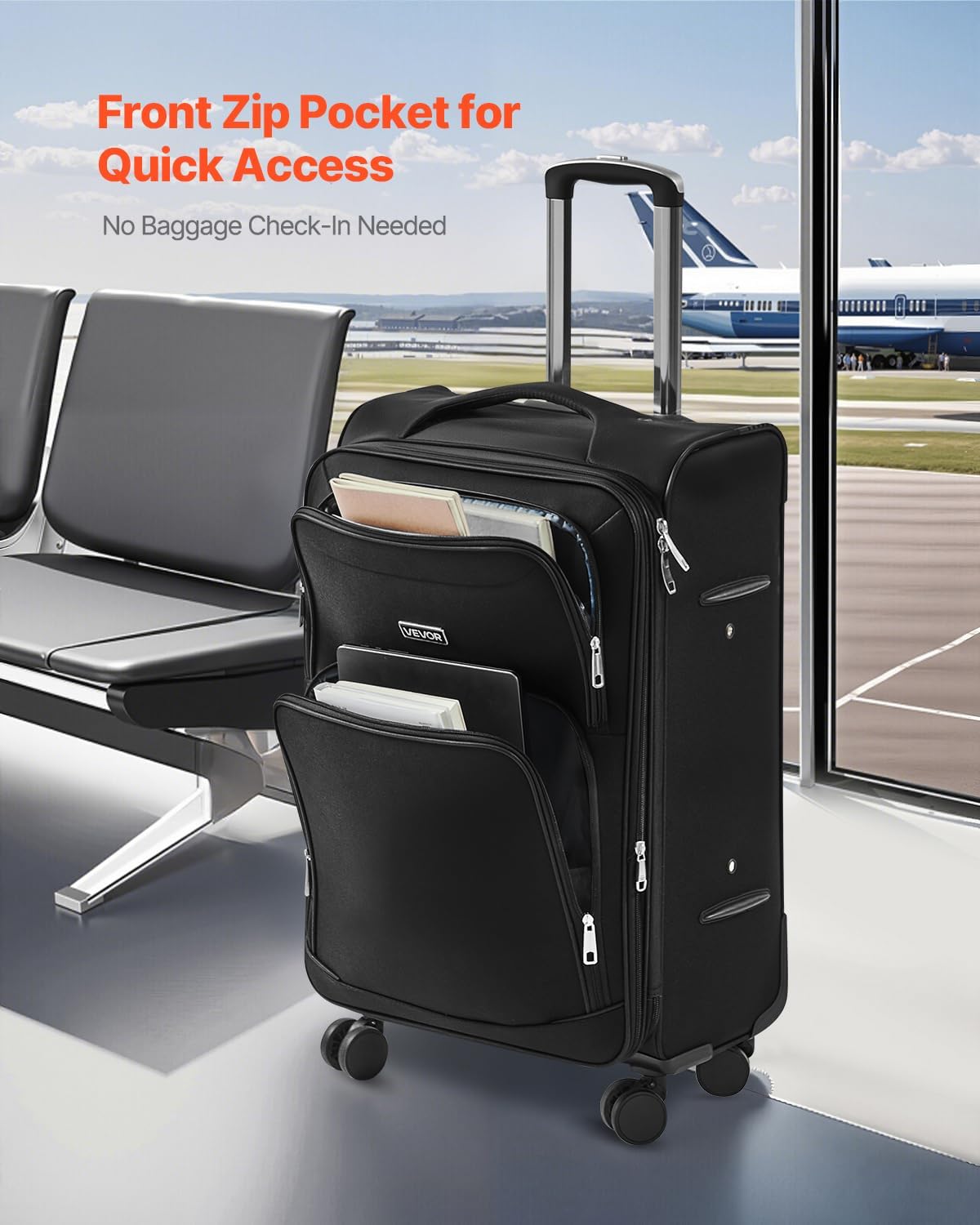 Softside Expandable Luggage with Spinner Wheels, 24-Inch Softside Checked Medium Luggage, Lightweight Checked Suitcase with Expandable Zippered Pocket and TSA Lock, Black