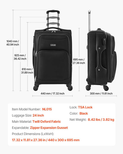 Softside Expandable Luggage with Spinner Wheels, 24-Inch Softside Checked Medium Luggage, Lightweight Checked Suitcase with Expandable Zippered Pocket and TSA Lock, Black