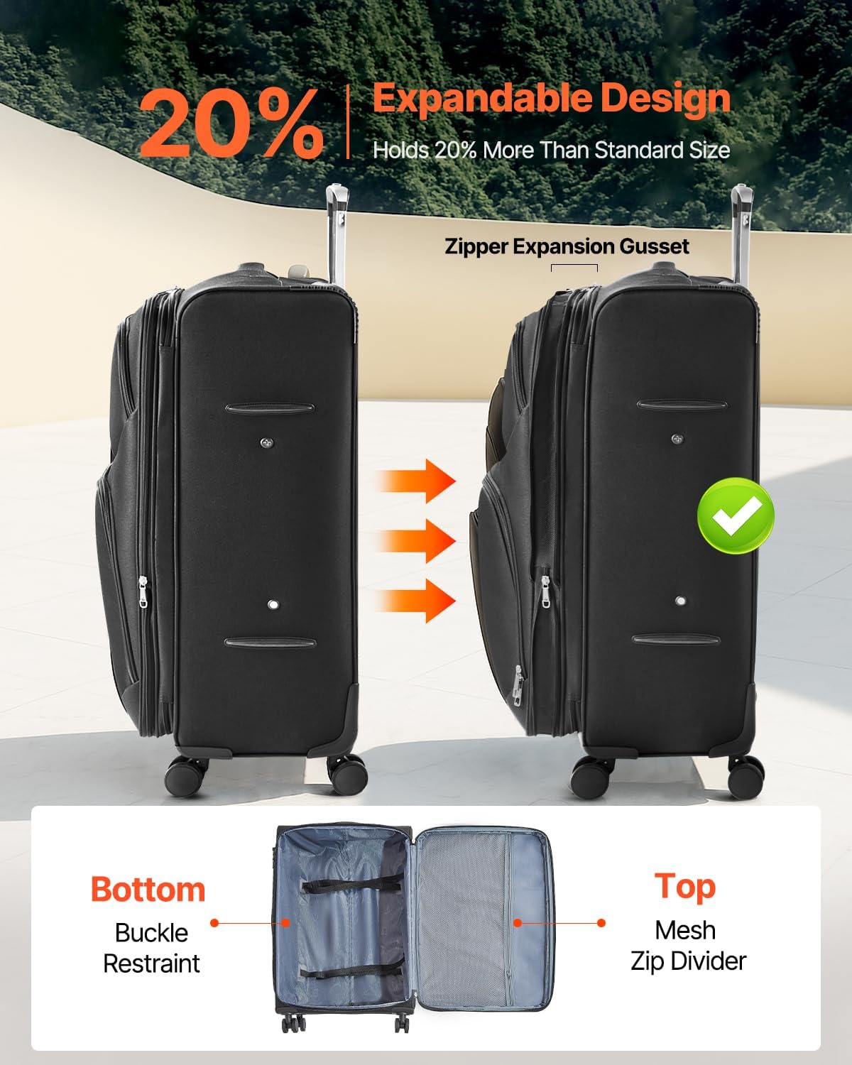 Softside Expandable Luggage with Spinner Wheels, 24-Inch Softside Checked Medium Luggage, Lightweight Checked Suitcase with Expandable Zippered Pocket and TSA Lock, Black