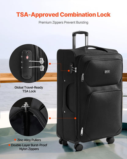 Softside Expandable Luggage with Spinner Wheels, 24-Inch Softside Checked Medium Luggage, Lightweight Checked Suitcase with Expandable Zippered Pocket and TSA Lock, Black