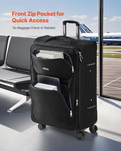 Softside Expandable Luggage with Spinner Wheels, 24-Inch Softside Checked Medium Luggage, Lightweight Checked Suitcase with Expandable Zippered Pocket and TSA Lock, Black
