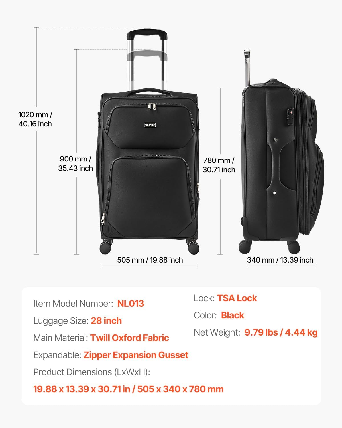 Softside Expandable Luggage with Spinner Wheels, 24-Inch Softside Checked Medium Luggage, Lightweight Checked Suitcase with Expandable Zippered Pocket and TSA Lock, Black