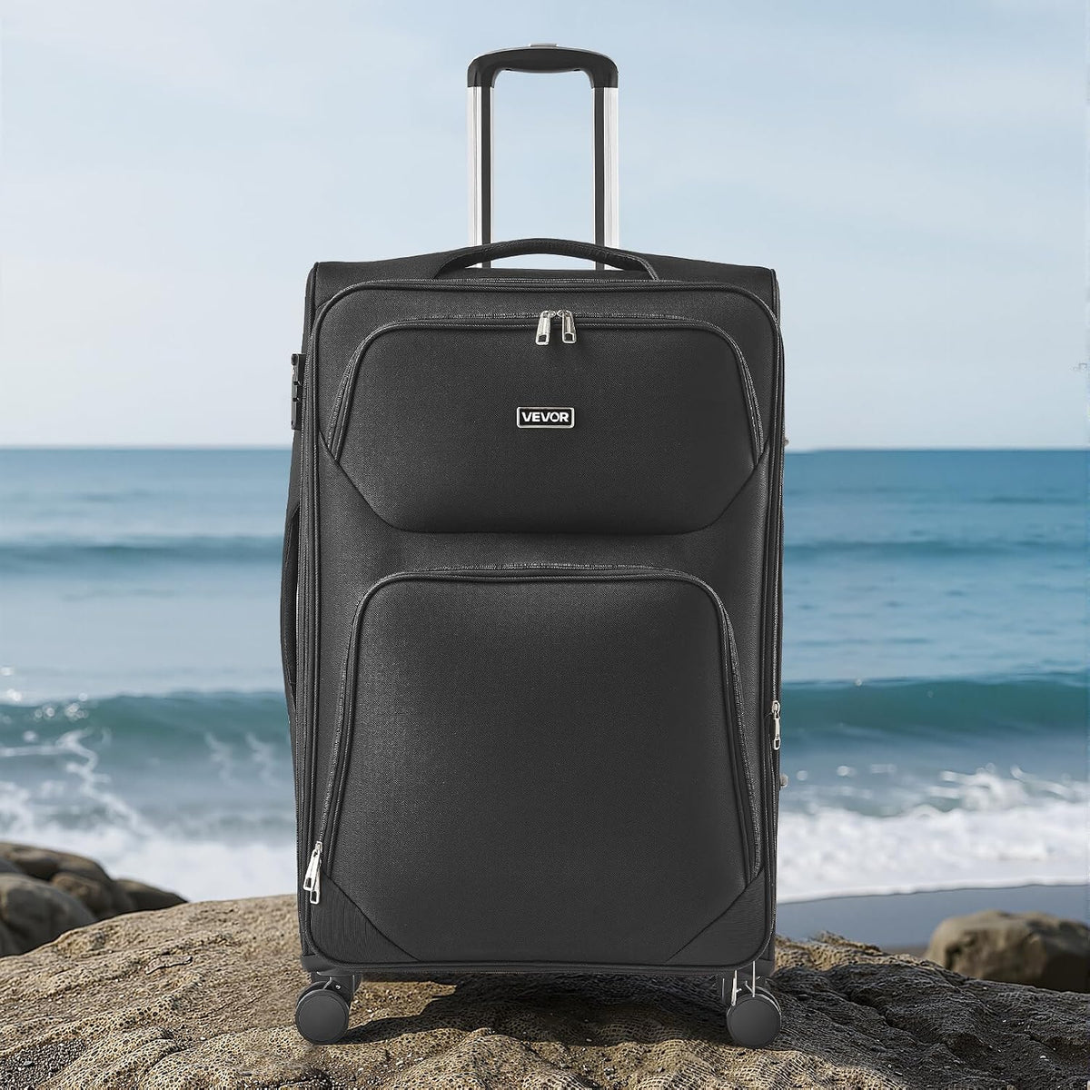 Softside Expandable Luggage with Spinner Wheels, 24-Inch Softside Checked Medium Luggage, Lightweight Checked Suitcase with Expandable Zippered Pocket and TSA Lock, Black