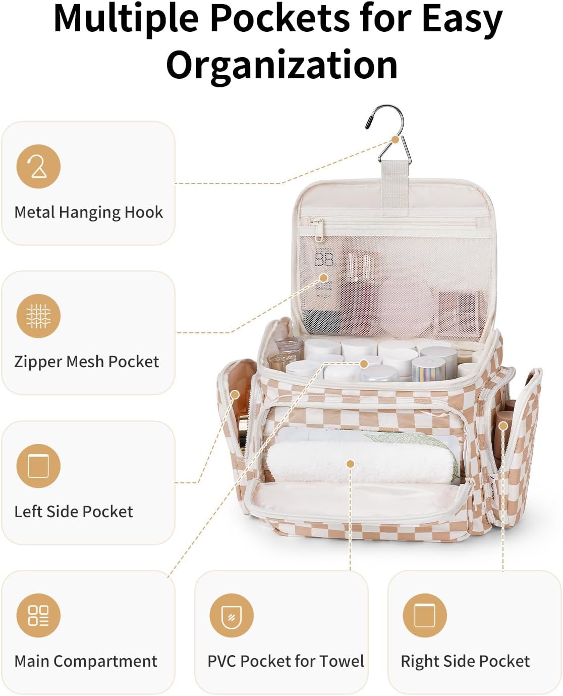 Hanging Travel Toiletry Bag for Women, Large Makeup Bag, Wide Open Cosmetic Bag, Multiple Organized Pocket, Wet Pocket for Towel, Portable Bathroom Travel Bag for Toiletries, Essentials