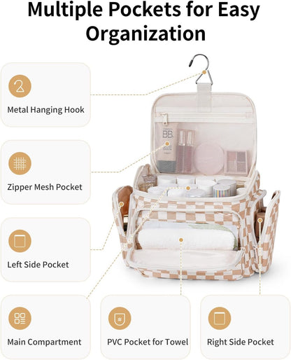 Hanging Travel Toiletry Bag for Women, Large Makeup Bag, Wide Open Cosmetic Bag, Multiple Organized Pocket, Wet Pocket for Towel, Portable Bathroom Travel Bag for Toiletries, Essentials