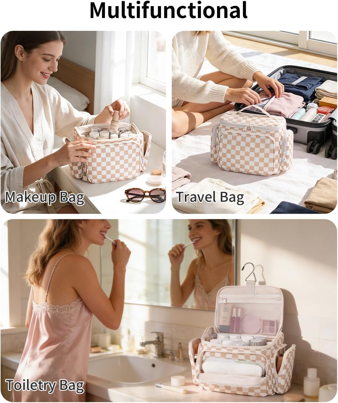 Hanging Travel Toiletry Bag for Women, Large Makeup Bag, Wide Open Cosmetic Bag, Multiple Organized Pocket, Wet Pocket for Towel, Portable Bathroom Travel Bag for Toiletries, Essentials