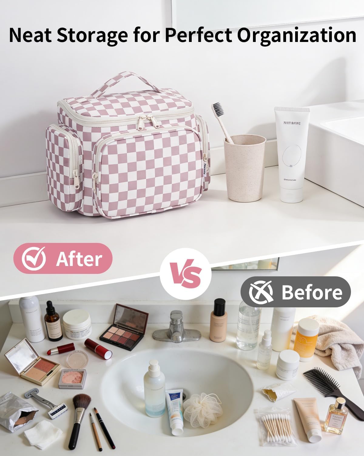 Hanging Travel Toiletry Bag for Women, Large Makeup Bag, Wide Open Cosmetic Bag, Multiple Organized Pocket, Wet Pocket for Towel, Portable Bathroom Travel Bag for Toiletries, Essentials