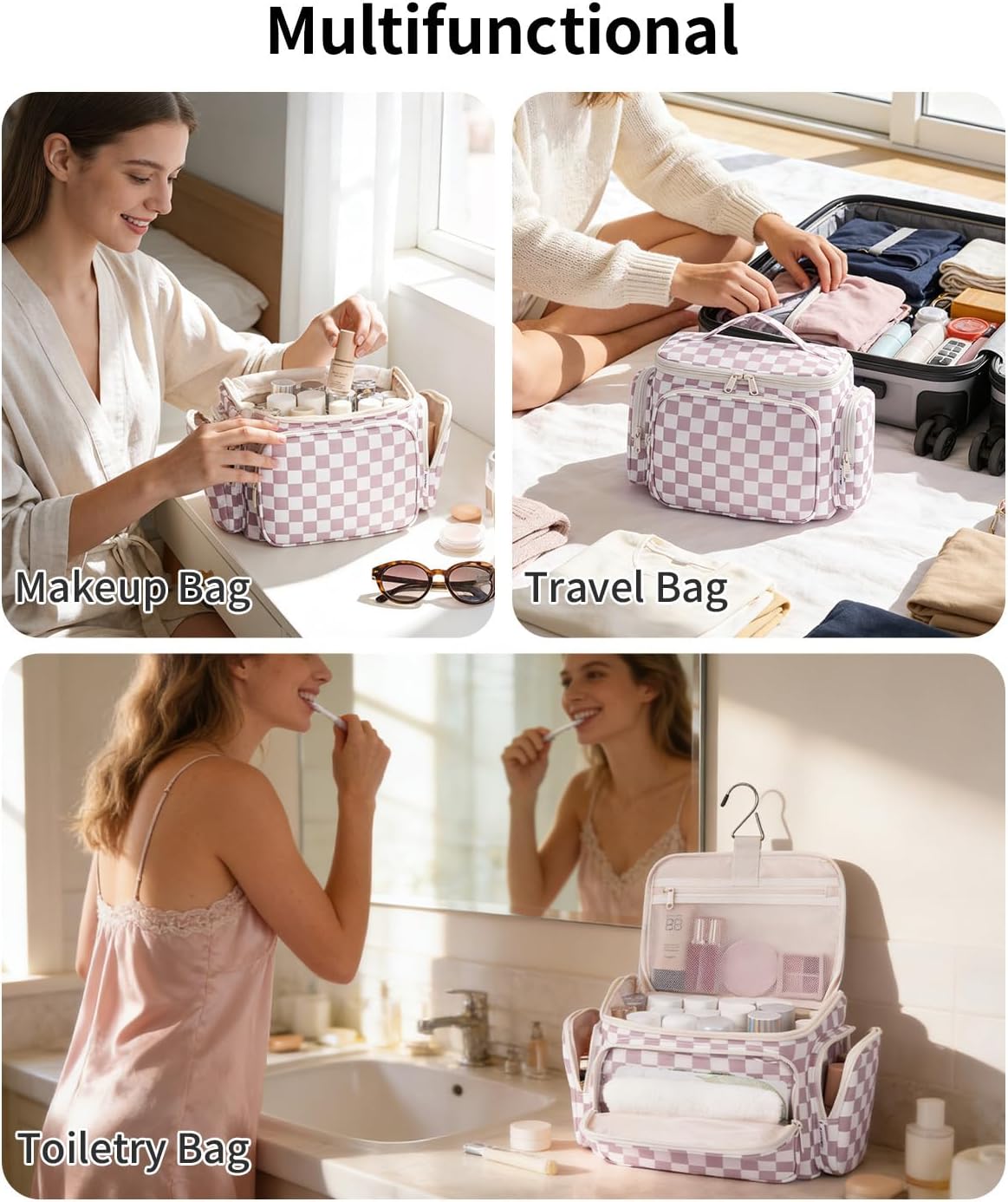 Hanging Travel Toiletry Bag for Women, Large Makeup Bag, Wide Open Cosmetic Bag, Multiple Organized Pocket, Wet Pocket for Towel, Portable Bathroom Travel Bag for Toiletries, Essentials