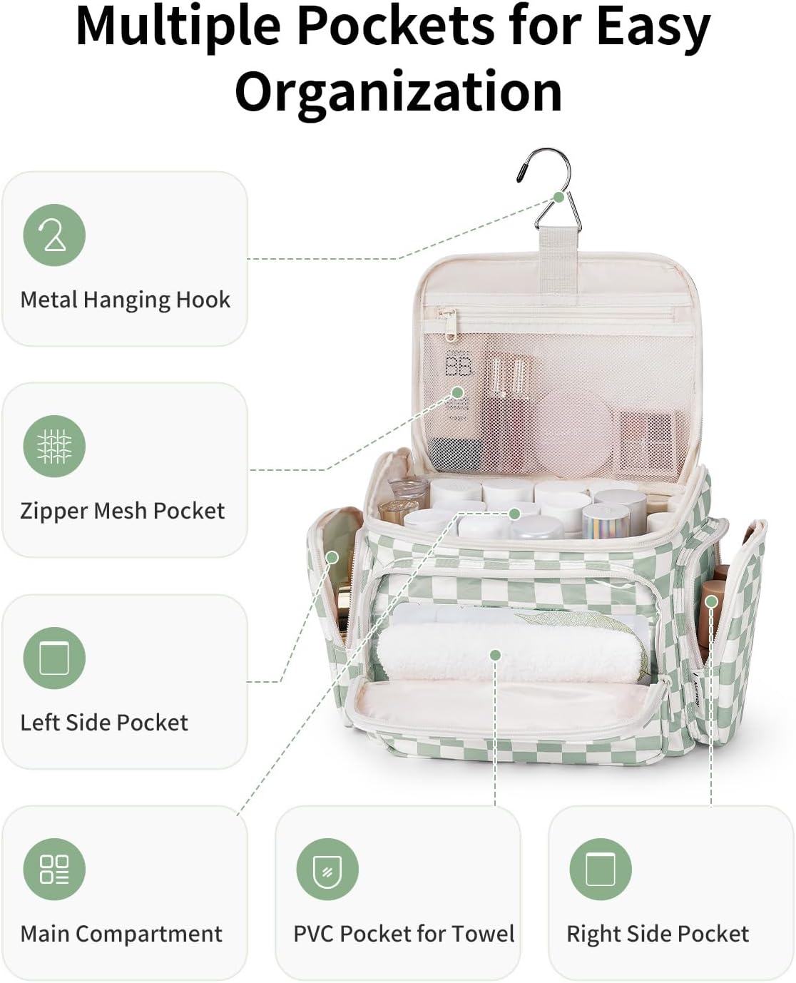 Hanging Travel Toiletry Bag for Women, Large Makeup Bag, Wide Open Cosmetic Bag, Multiple Organized Pocket, Wet Pocket for Towel, Portable Bathroom Travel Bag for Toiletries, Essentials