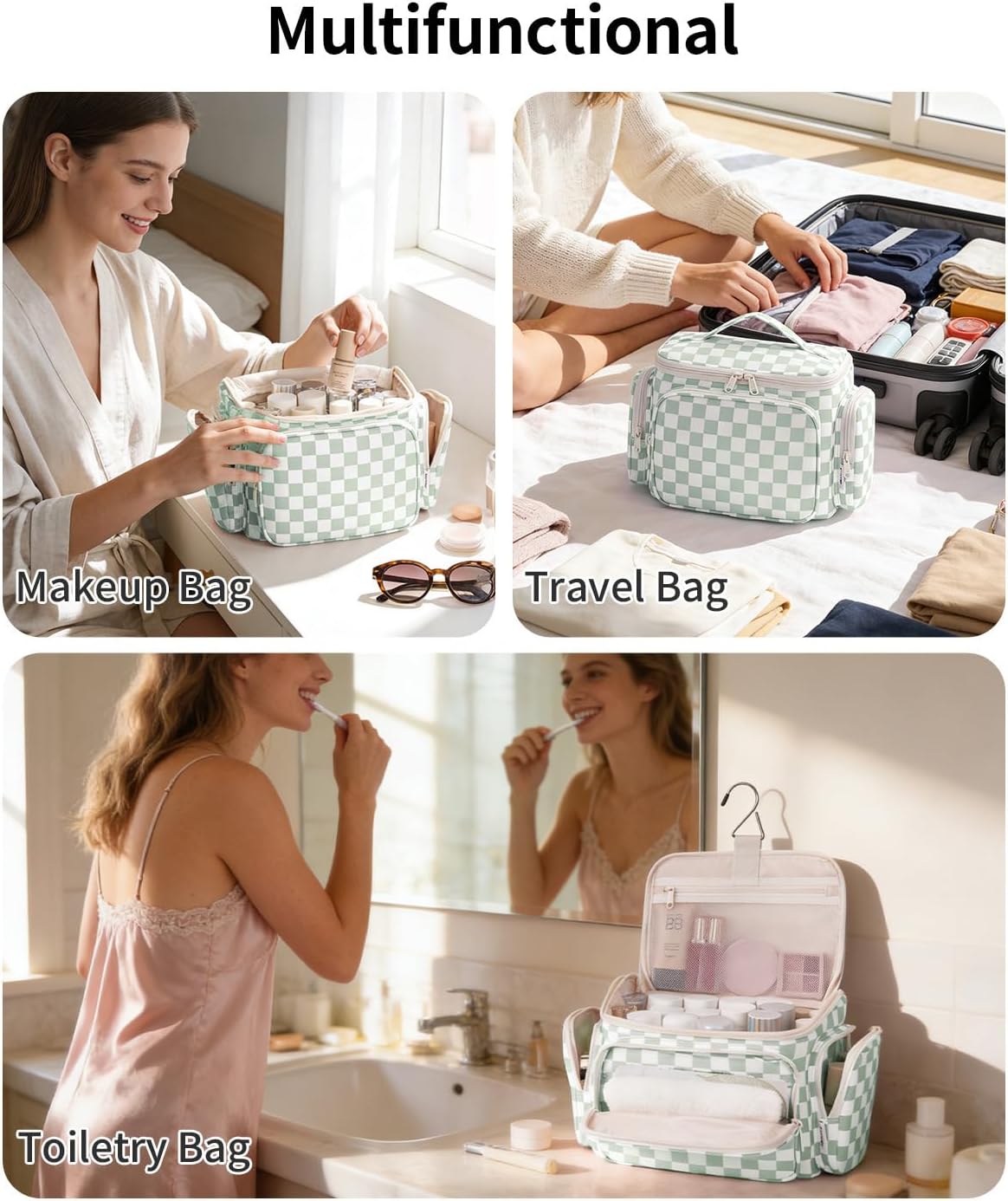 Hanging Travel Toiletry Bag for Women, Large Makeup Bag, Wide Open Cosmetic Bag, Multiple Organized Pocket, Wet Pocket for Towel, Portable Bathroom Travel Bag for Toiletries, Essentials