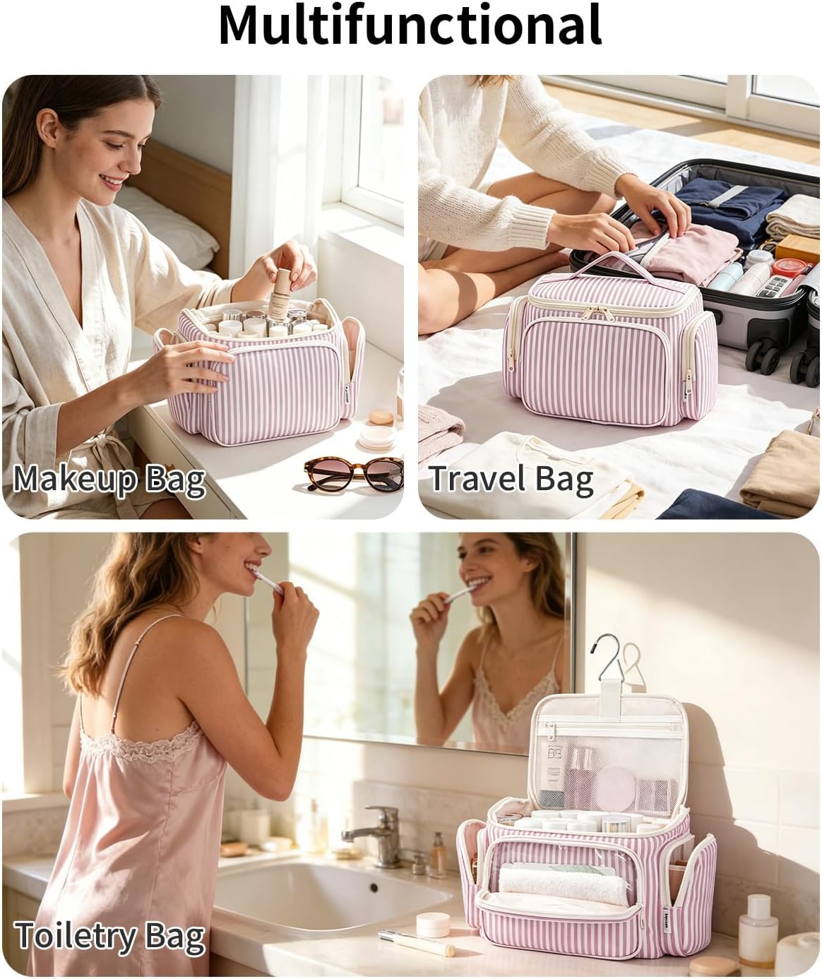 Hanging Travel Toiletry Bag for Women, Large Makeup Bag, Wide Open Cosmetic Bag, Multiple Organized Pocket, Wet Pocket for Towel, Portable Bathroom Travel Bag for Toiletries, Essentials