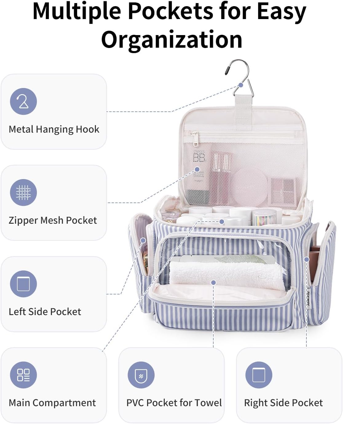 Hanging Travel Toiletry Bag for Women, Large Makeup Bag, Wide Open Cosmetic Bag, Multiple Organized Pocket, Wet Pocket for Towel, Portable Bathroom Travel Bag for Toiletries, Essentials