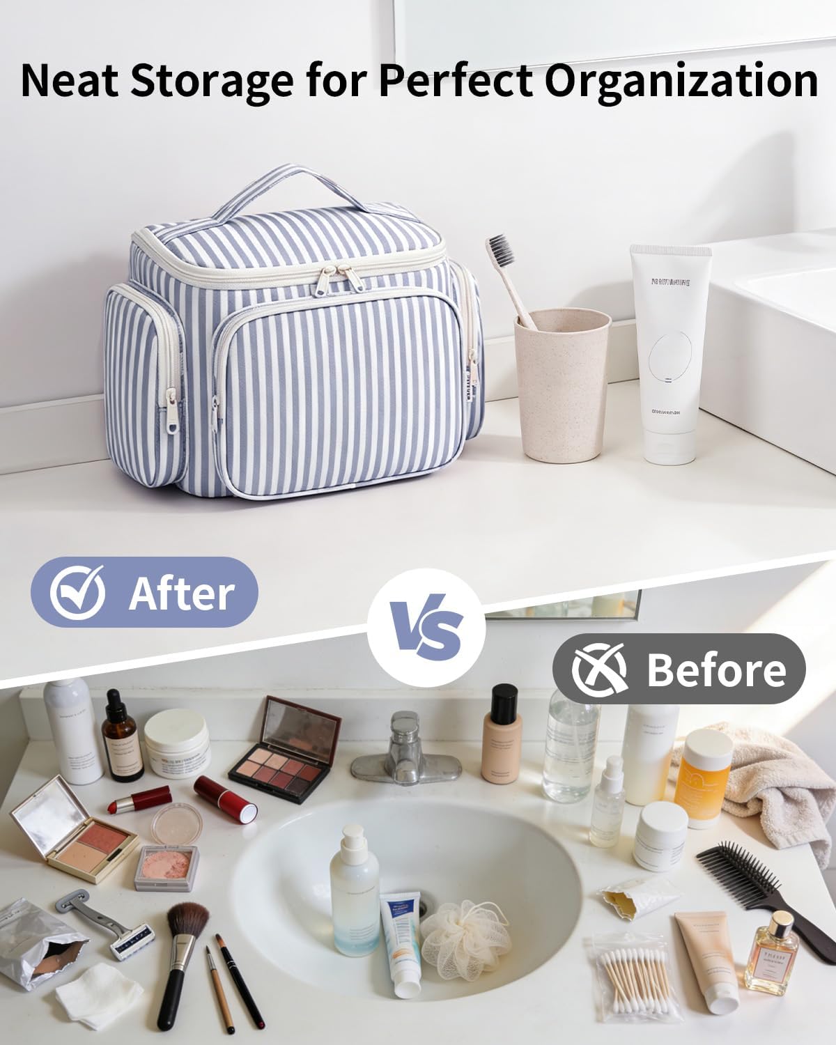 Hanging Travel Toiletry Bag for Women, Large Makeup Bag, Wide Open Cosmetic Bag, Multiple Organized Pocket, Wet Pocket for Towel, Portable Bathroom Travel Bag for Toiletries, Essentials