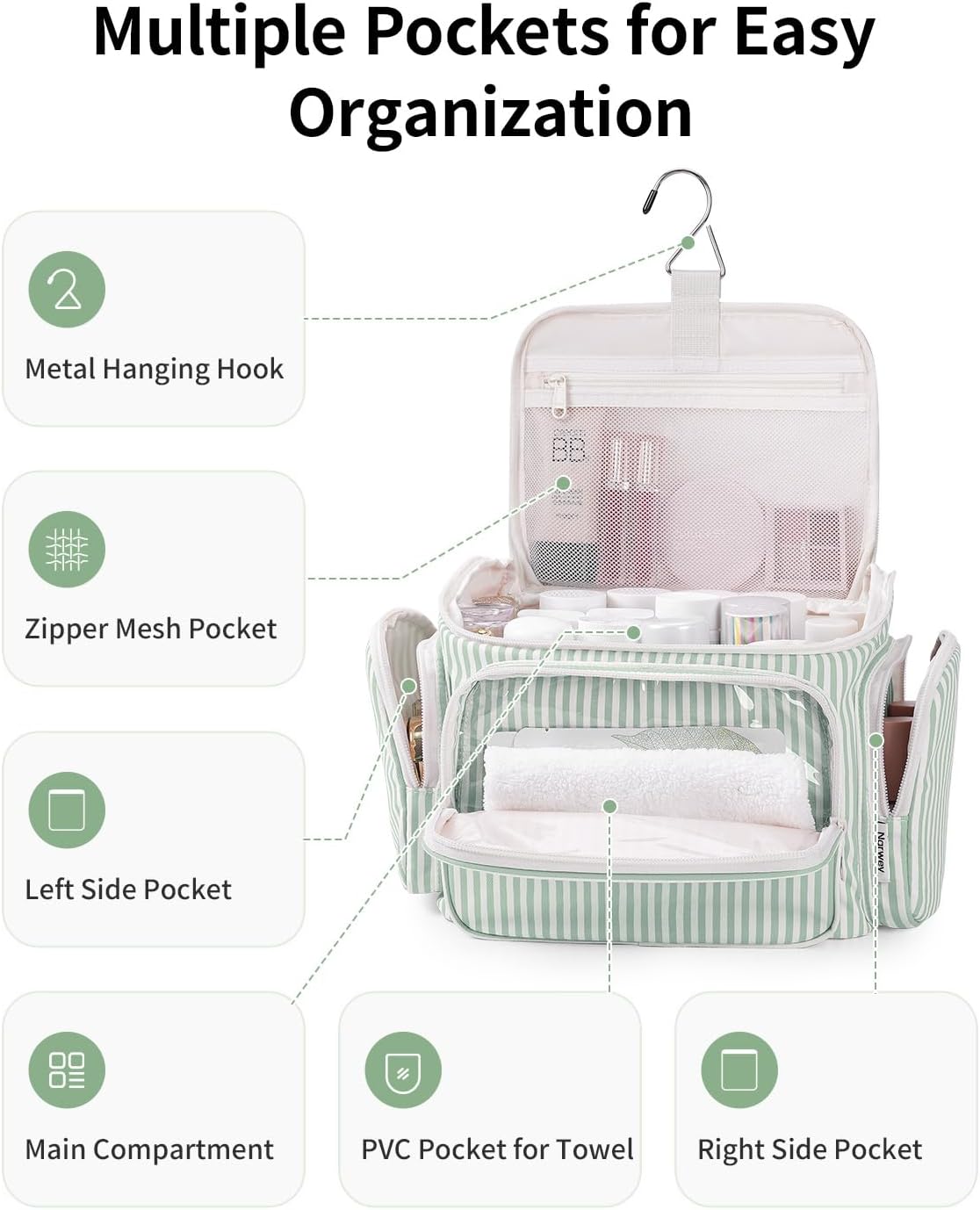 Hanging Travel Toiletry Bag for Women, Large Makeup Bag, Wide Open Cosmetic Bag, Multiple Organized Pocket, Wet Pocket for Towel, Portable Bathroom Travel Bag for Toiletries, Essentials