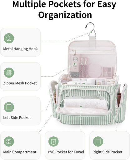 Hanging Travel Toiletry Bag for Women, Large Makeup Bag, Wide Open Cosmetic Bag, Multiple Organized Pocket, Wet Pocket for Towel, Portable Bathroom Travel Bag for Toiletries, Essentials