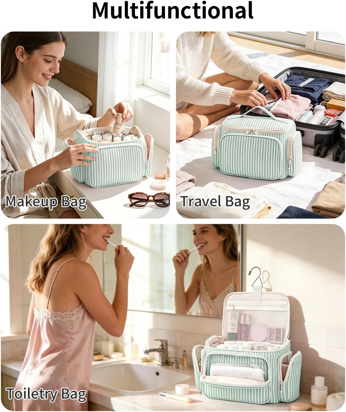 Hanging Travel Toiletry Bag for Women, Large Makeup Bag, Wide Open Cosmetic Bag, Multiple Organized Pocket, Wet Pocket for Towel, Portable Bathroom Travel Bag for Toiletries, Essentials