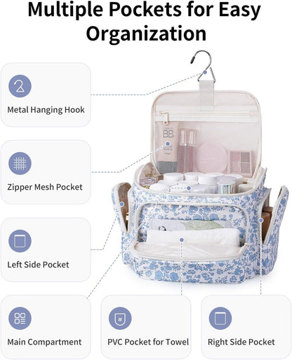 Hanging Travel Toiletry Bag for Women, Large Makeup Bag, Wide Open Cosmetic Bag, Multiple Organized Pocket, Wet Pocket for Towel, Portable Bathroom Travel Bag for Toiletries, Essentials