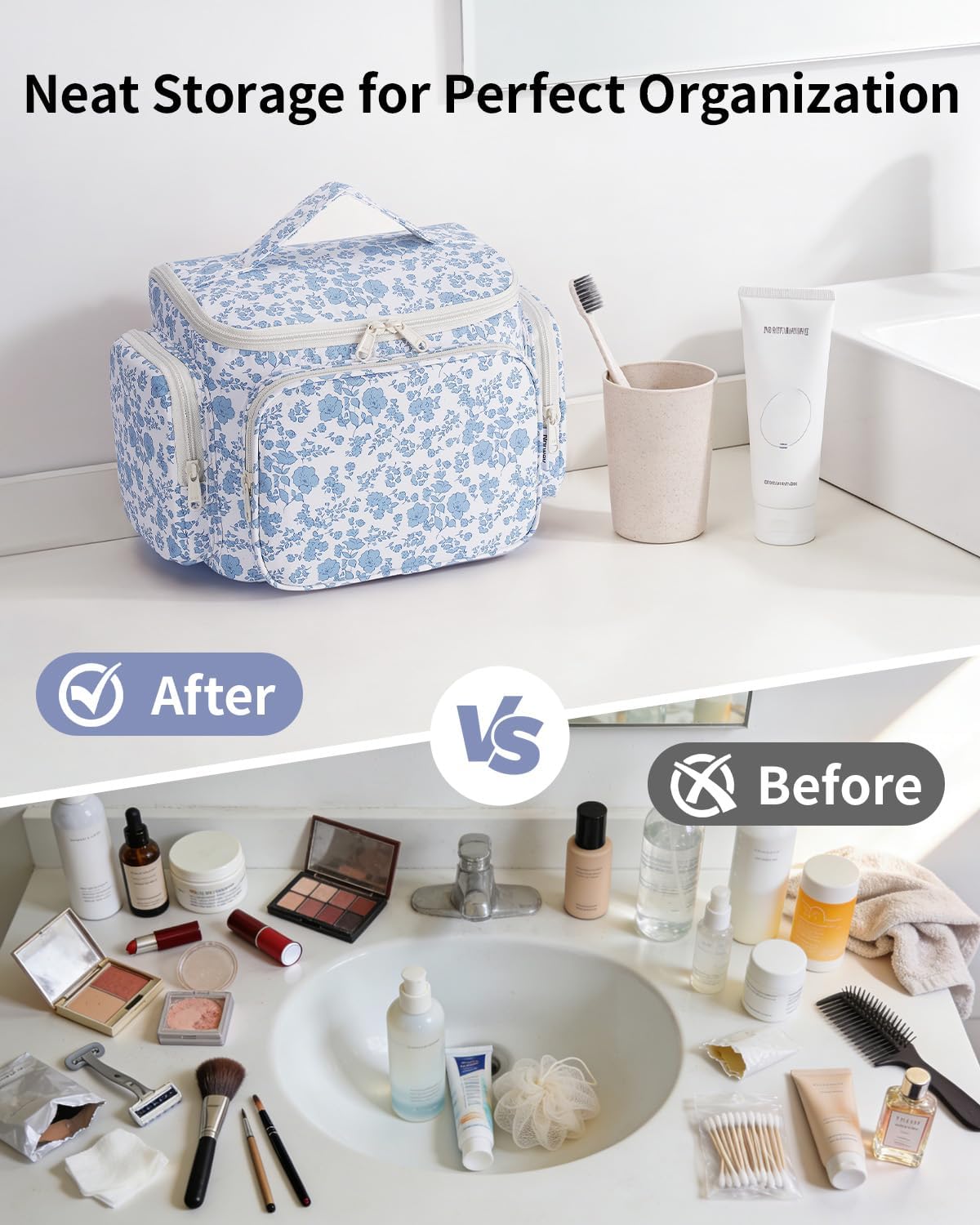 Hanging Travel Toiletry Bag for Women, Large Makeup Bag, Wide Open Cosmetic Bag, Multiple Organized Pocket, Wet Pocket for Towel, Portable Bathroom Travel Bag for Toiletries, Essentials