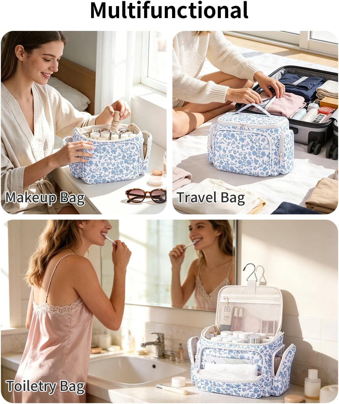 Hanging Travel Toiletry Bag for Women, Large Makeup Bag, Wide Open Cosmetic Bag, Multiple Organized Pocket, Wet Pocket for Towel, Portable Bathroom Travel Bag for Toiletries, Essentials