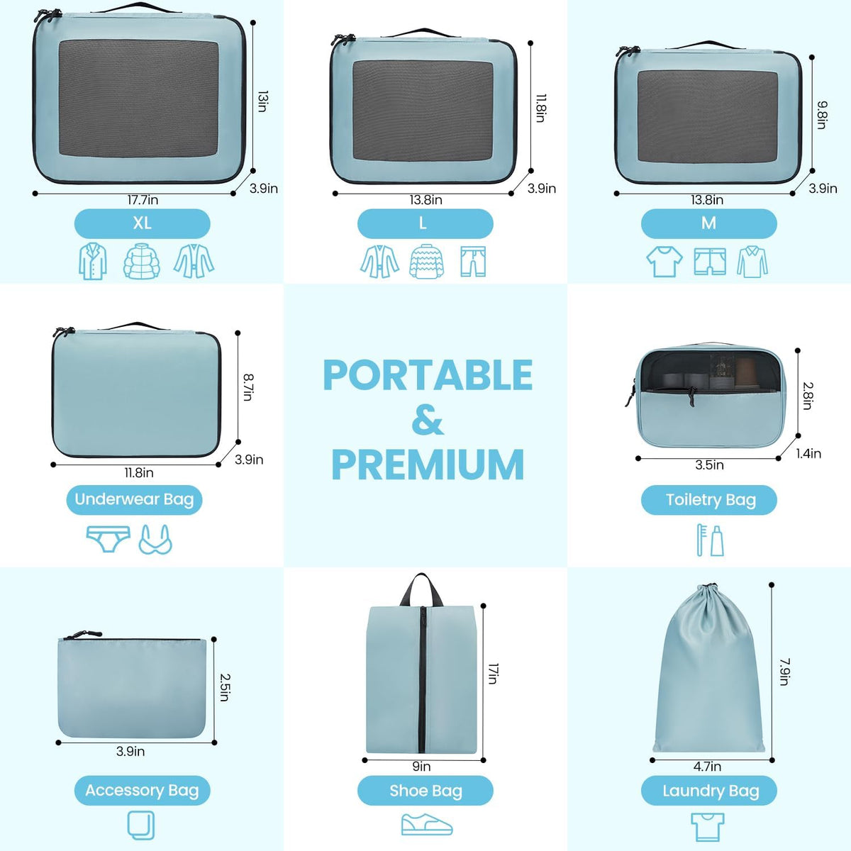 Mesh Packing Cubes for Travel, Durable Luggage Organizer with Sturdy Material and Double Zippers, Comprehensive Set for Travel Accessories Storage, teal