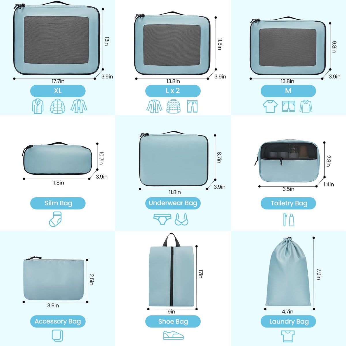 Mesh Packing Cubes for Travel, Durable Luggage Organizer with Sturdy Material and Double Zippers, Comprehensive Set for Travel Accessories Storage, teal