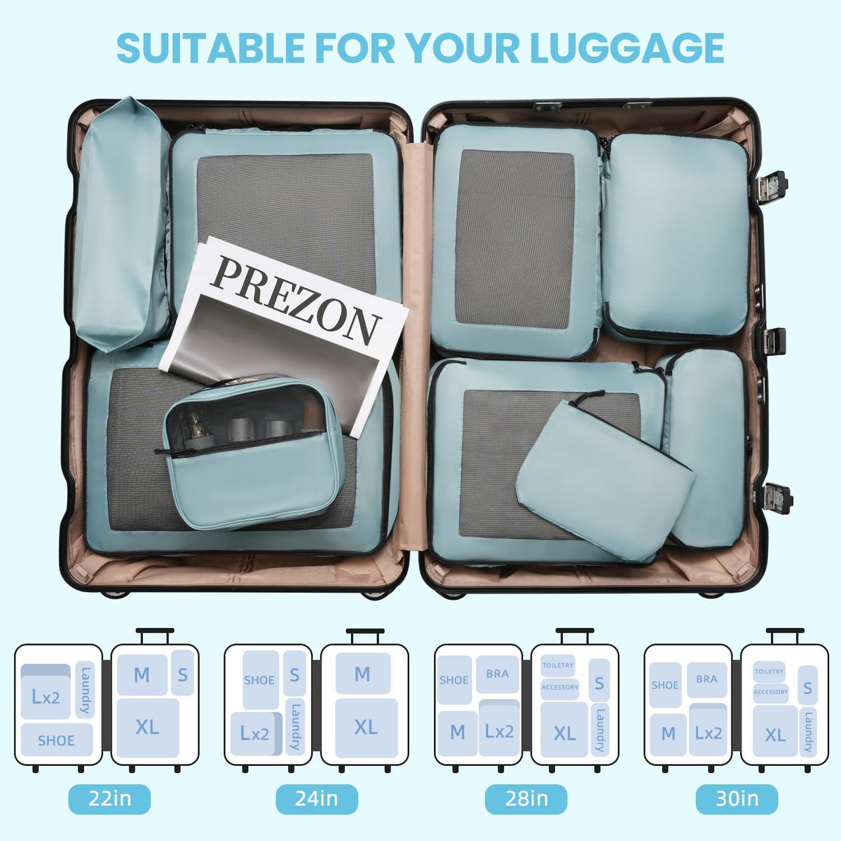 Mesh Packing Cubes for Travel, Durable Luggage Organizer with Sturdy Material and Double Zippers, Comprehensive Set for Travel Accessories Storage, teal