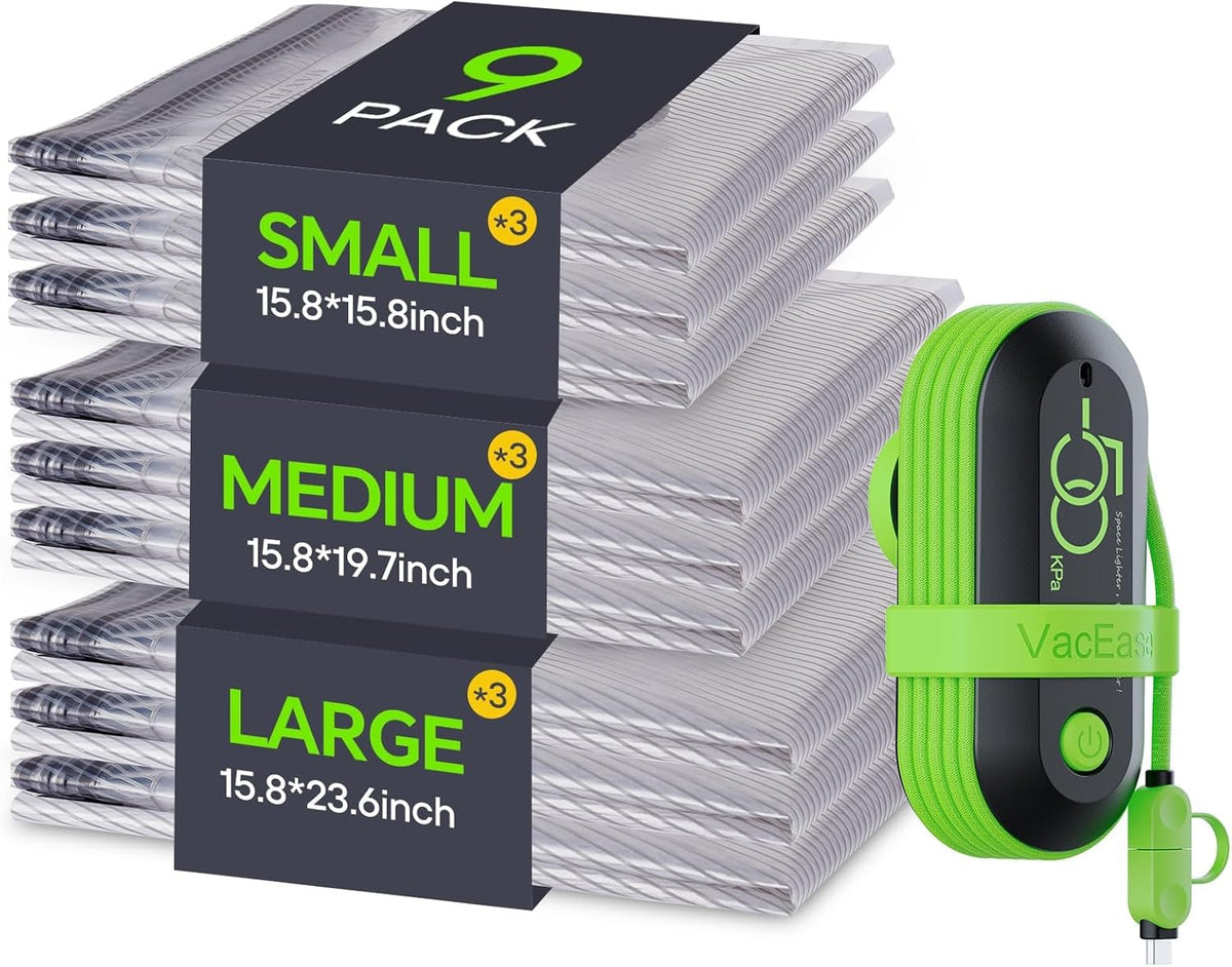 9 Pack Travel Vacuum Storage Bags with USB Electric Pump, Carry-on Size Space Saver Bags for Clothes and Clothing Travel，Compression Packing for Luggage and Suitcase
