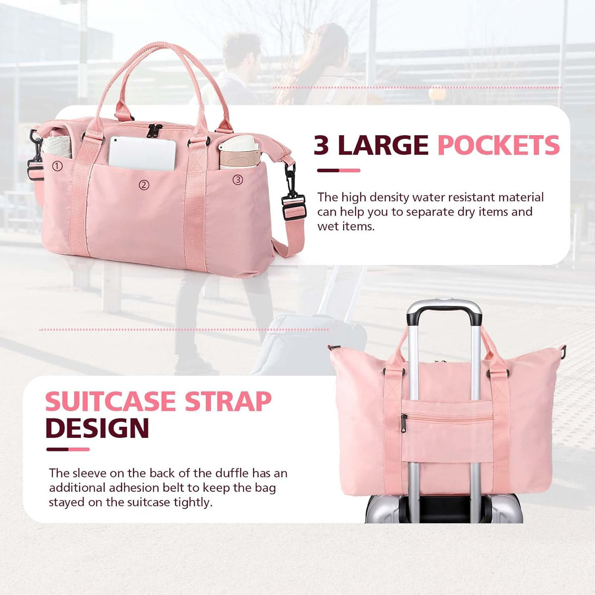 Travel Duffle, Waterproof Weekender Carry On Tote for Women, Travel Essentials Sport Gym for Men, Hospital Bag for Labor and Delivery, Overnight Luggage With Trolley Sleeve