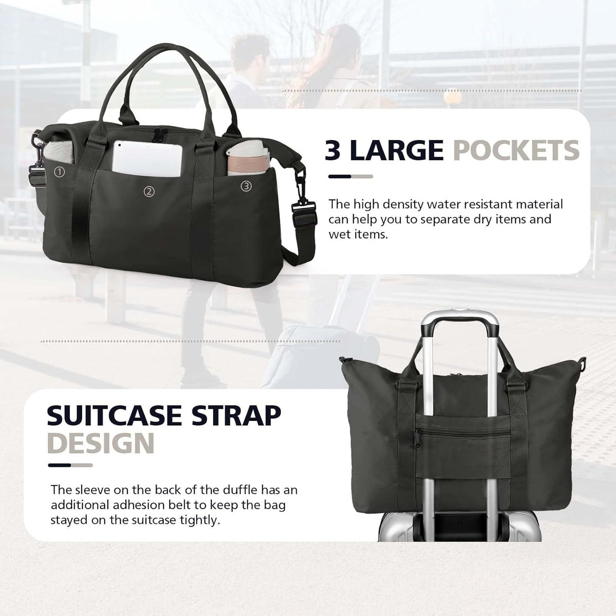 Travel Duffle, Waterproof Weekender Carry On Tote for Women, Travel Essentials Sport Gym for Men, Hospital Bag for Labor and Delivery, Overnight Luggage With Trolley Sleeve