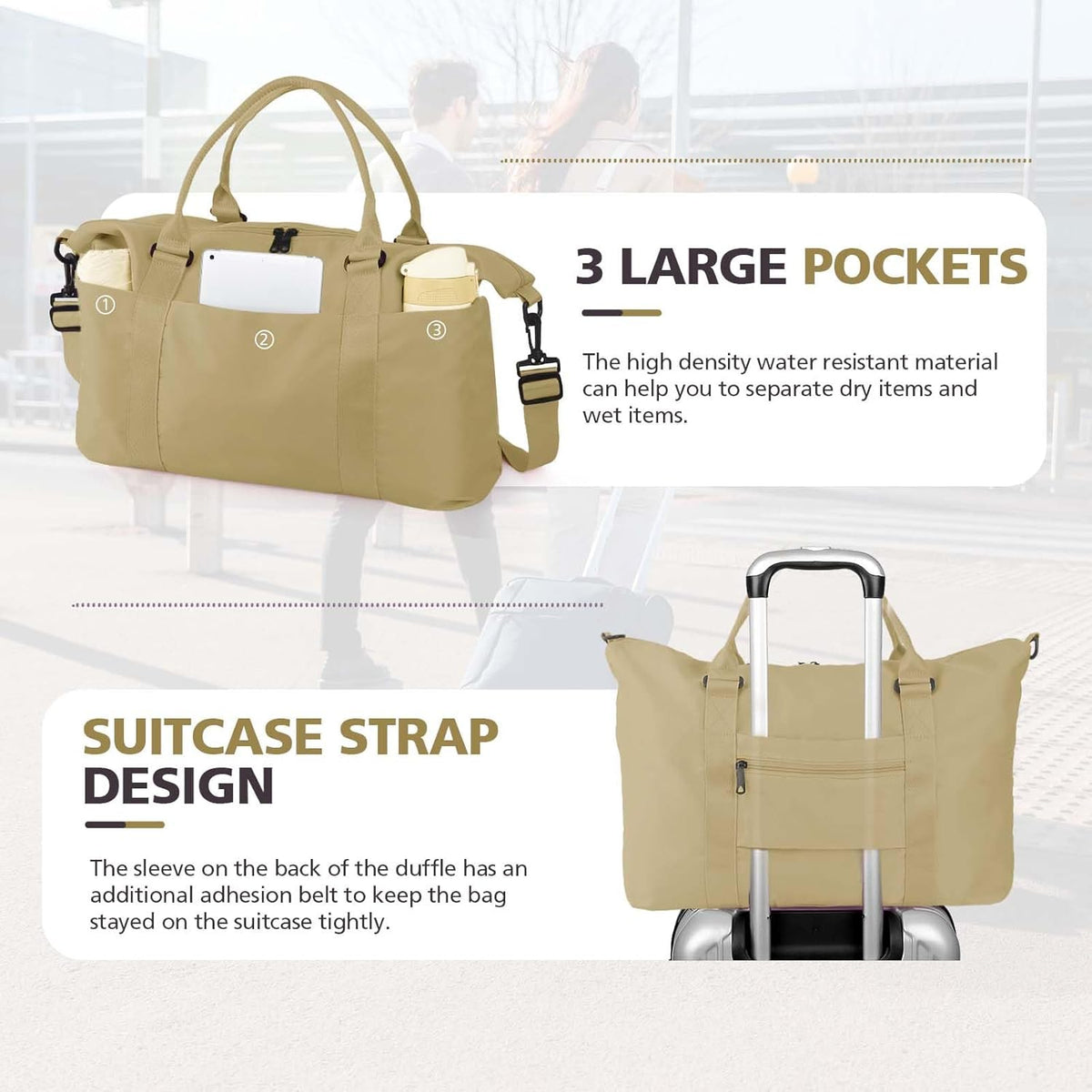 Travel Duffle, Waterproof Weekender Carry On Tote for Women, Travel Essentials Sport Gym for Men, Hospital Bag for Labor and Delivery, Overnight Luggage With Trolley Sleeve