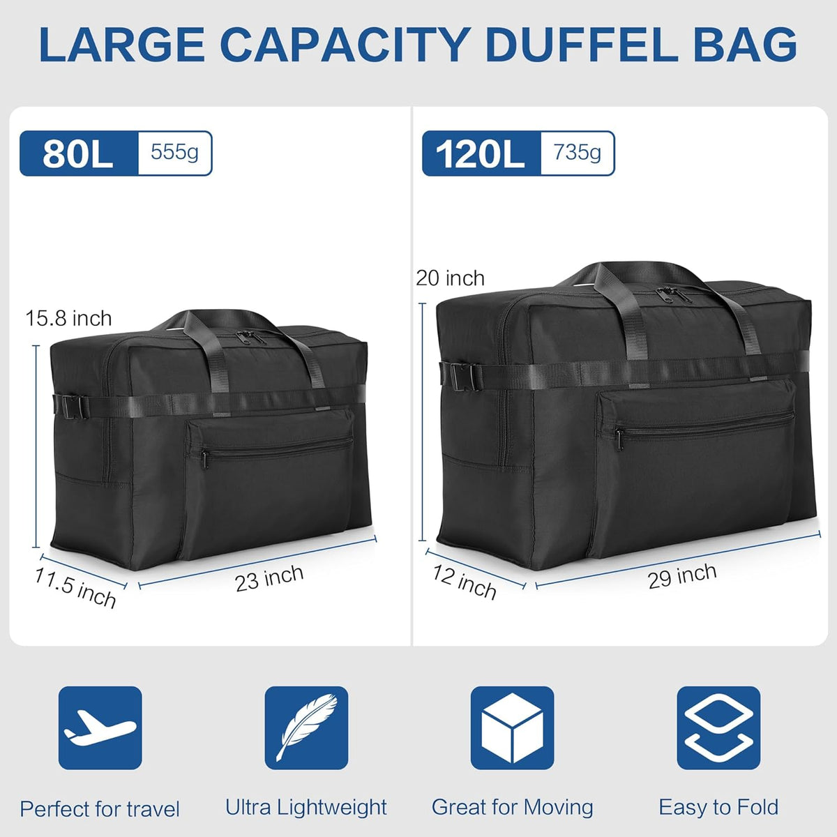 Extra Large 120L Foldable Duffel Bag for Travel, Waterproof Weekend Overnight Bag, Collapsible Storage Bag for Moving, Camping (Black)