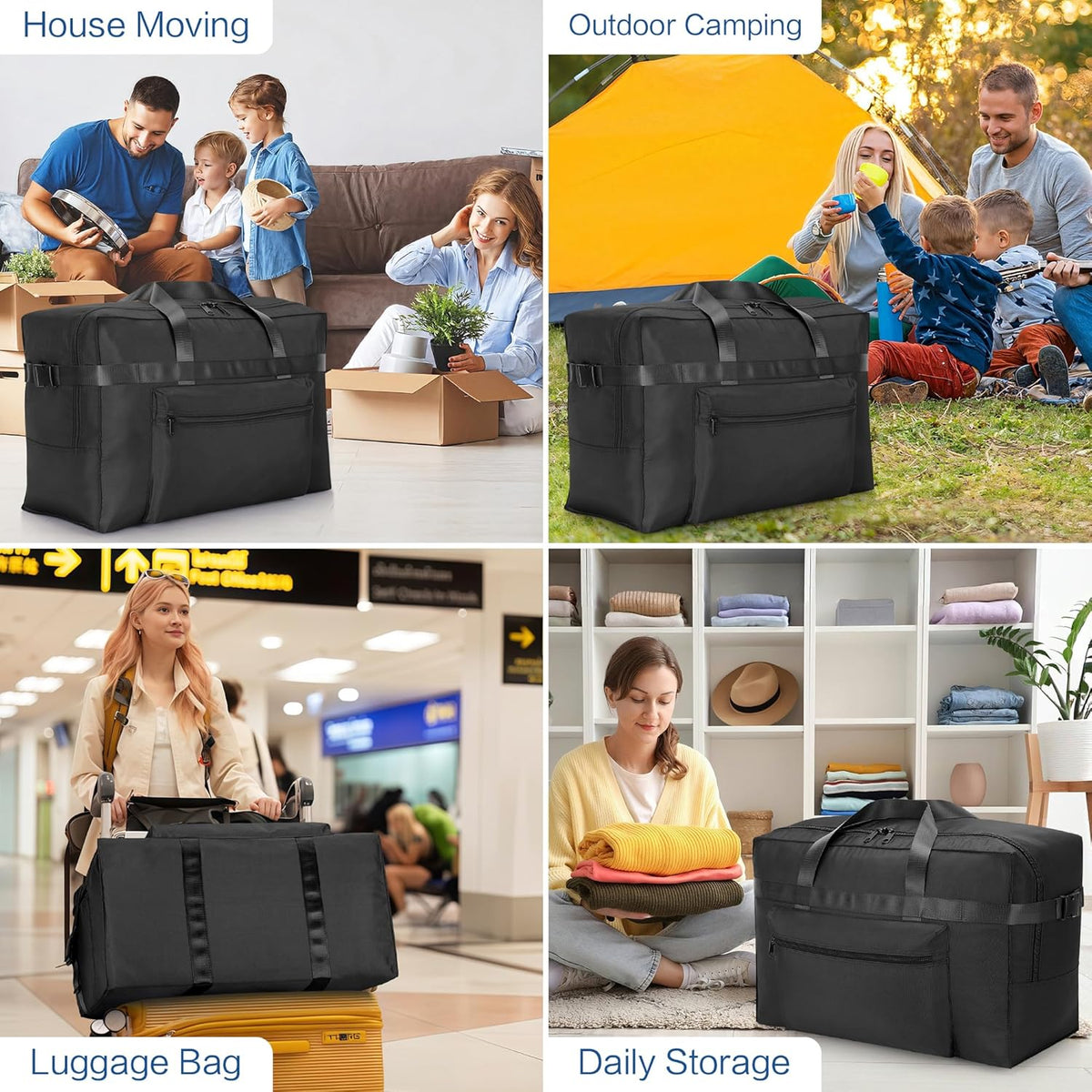 Extra Large 120L Foldable Duffel Bag for Travel, Waterproof Weekend Overnight Bag, Collapsible Storage Bag for Moving, Camping (Black)