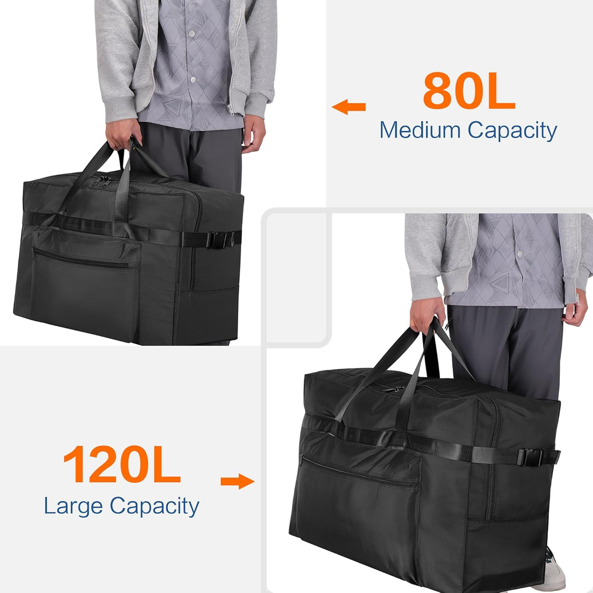 Extra Large 120L Foldable Duffel Bag for Travel, Waterproof Weekend Overnight Bag, Collapsible Storage Bag for Moving, Camping (Black)