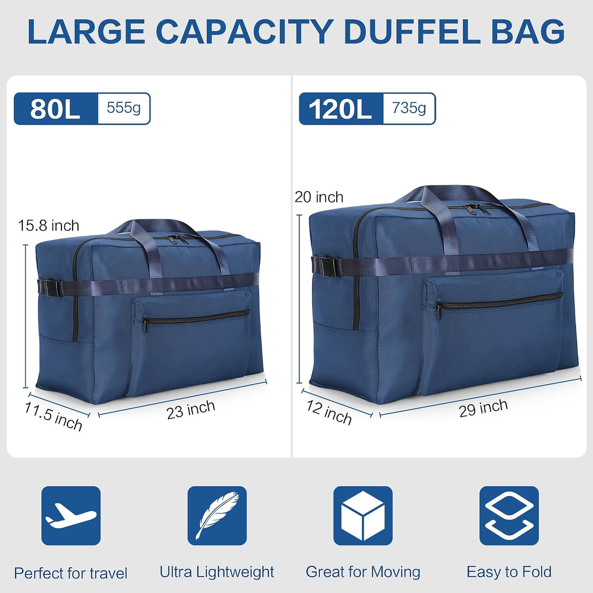 Extra Large 120L Foldable Duffel Bag for Travel, Waterproof Weekend Overnight Bag, Collapsible Storage Bag for Moving, Camping (Black)