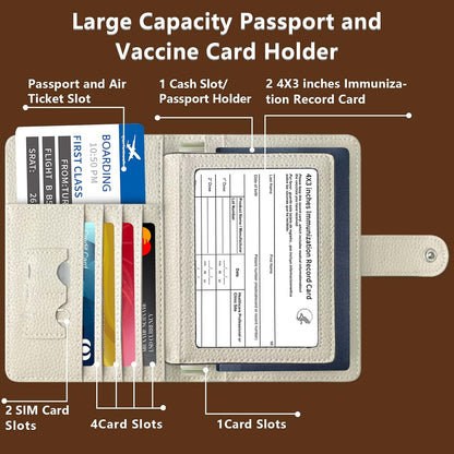 Passport Holder Women, Genuine Leather Passport Wallet RFID Blocking for Men and Women, Passport Cover with Snap Closure Fit for Immunization Record Card Beige