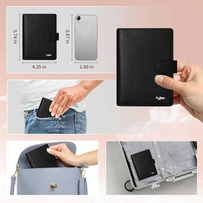 Passport Holder Women, Genuine Leather Passport Wallet RFID Blocking for Men and Women, Passport Cover with Snap Closure Fit for Immunization Record Card Beige