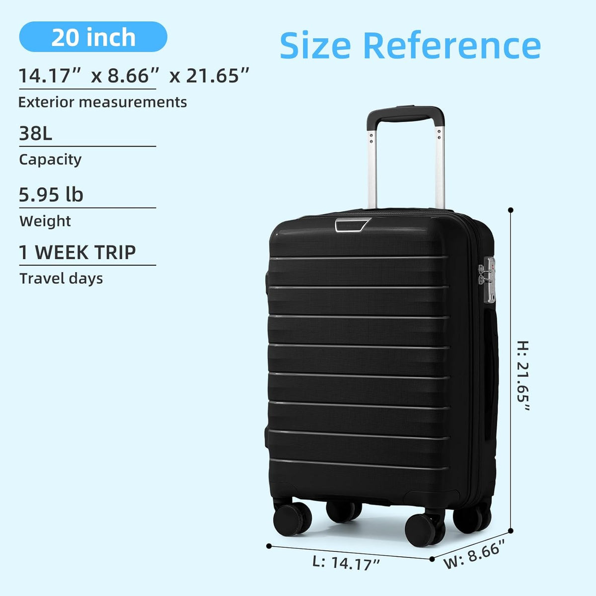 Carry On Luggage 22x14x9 Airline Approved, Suitcases with Wheels | 20Inch Hardside PP Carry-On Luggage for Women Men, TSA Lock, Black