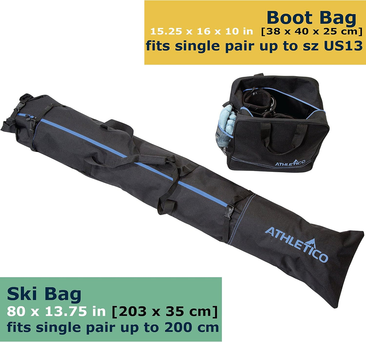 Ski Bag and Ski Boot Bag Combo - Ski Bags for Air Travel - Unpadded Snow Ski Bags Fit Skis Up to 200cm - For Men, Women, Adults, and Children