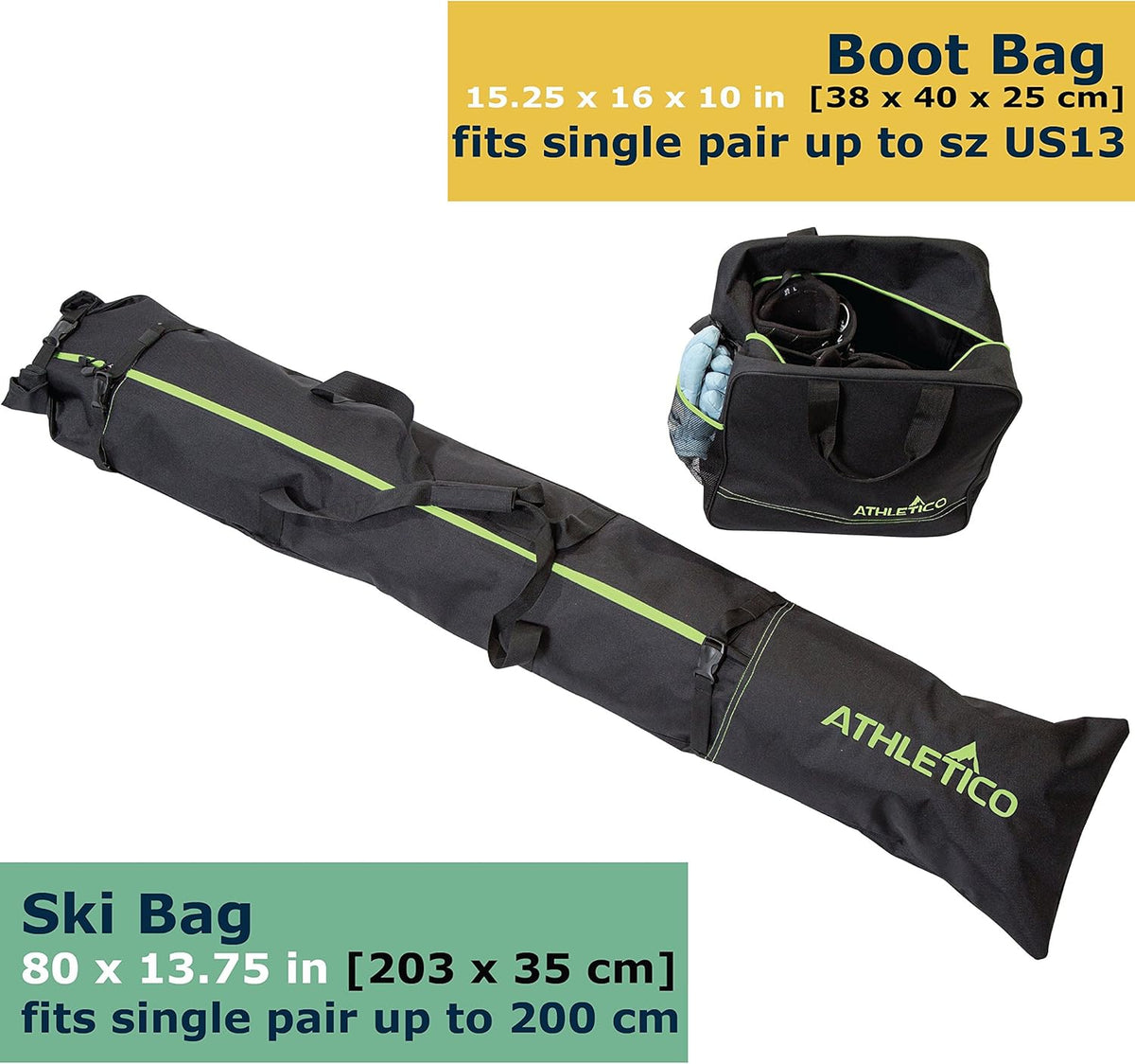 Ski Bag and Ski Boot Bag Combo - Ski Bags for Air Travel - Unpadded Snow Ski Bags Fit Skis Up to 200cm - For Men, Women, Adults, and Children