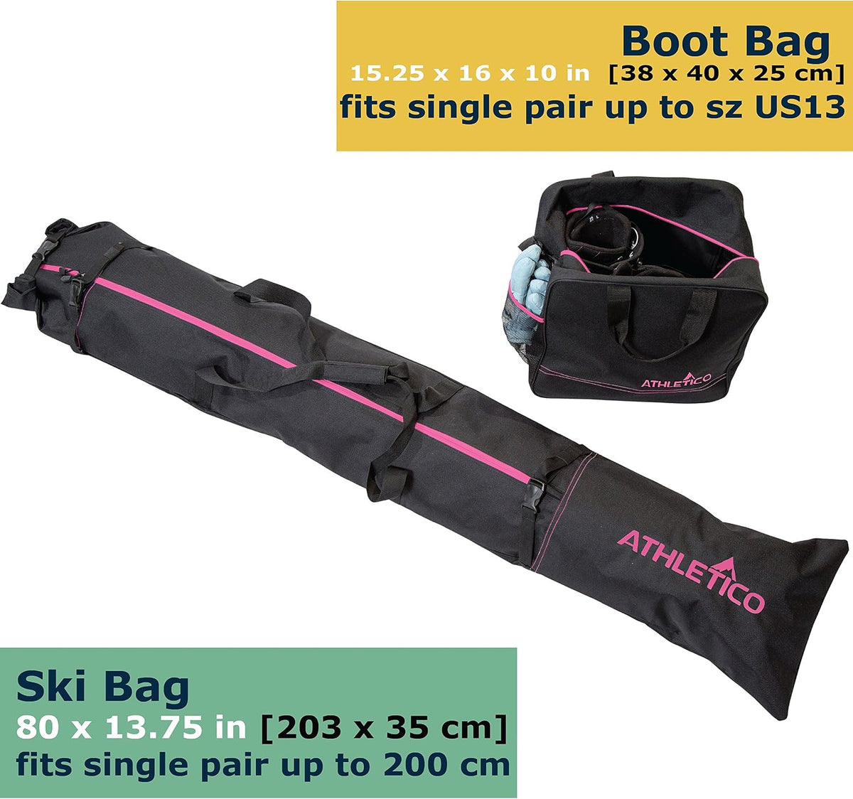 Ski Bag and Ski Boot Bag Combo - Ski Bags for Air Travel - Unpadded Snow Ski Bags Fit Skis Up to 200cm - For Men, Women, Adults, and Children