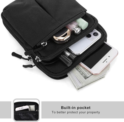 Multifunction Phone Bag One Shoulder Phone Waist Bag Diagonal Cross Bag Smart Phone Case Outdoor Bag Triple Zip Hipster Crossbody Purse for Women & Men Black-flowers