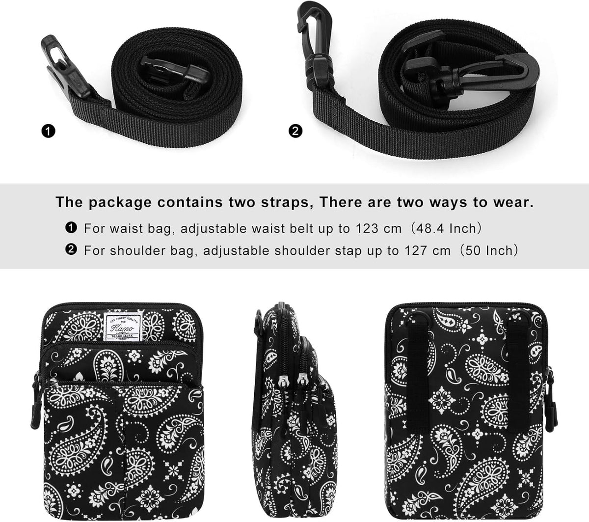 Multifunction Phone Bag One Shoulder Phone Waist Bag Diagonal Cross Bag Smart Phone Case Outdoor Bag Triple Zip Hipster Crossbody Purse for Women & Men Black-flowers
