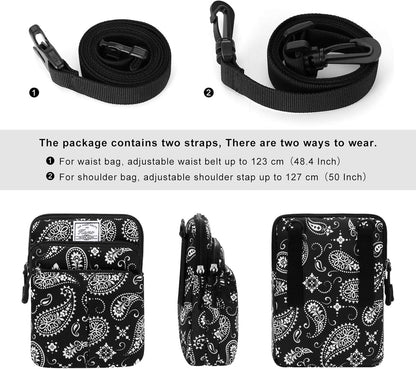 Multifunction Phone Bag One Shoulder Phone Waist Bag Diagonal Cross Bag Smart Phone Case Outdoor Bag Triple Zip Hipster Crossbody Purse for Women & Men Black-flowers