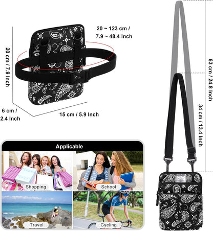 Multifunction Phone Bag One Shoulder Phone Waist Bag Diagonal Cross Bag Smart Phone Case Outdoor Bag Triple Zip Hipster Crossbody Purse for Women & Men Black-flowers