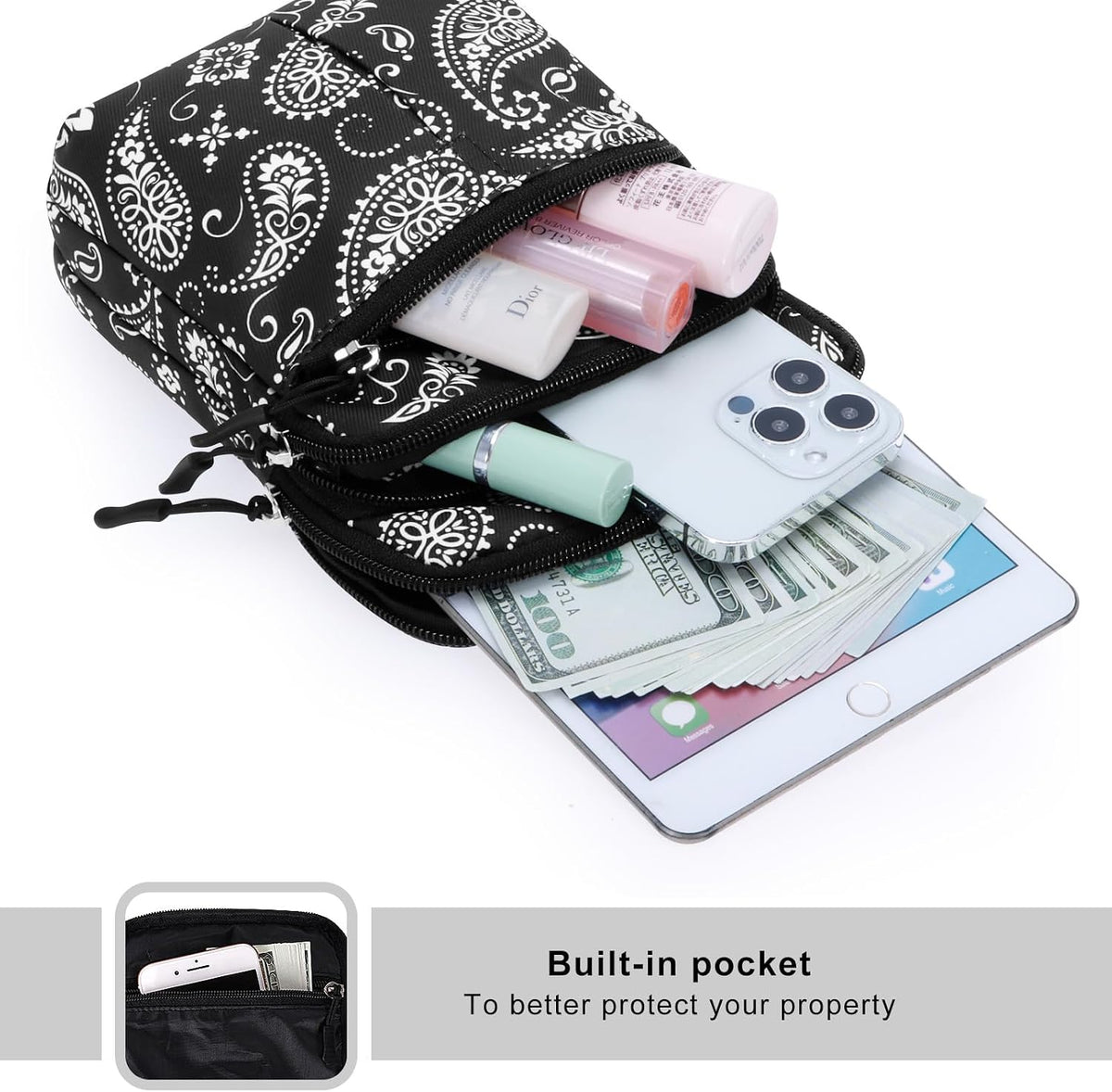 Multifunction Phone Bag One Shoulder Phone Waist Bag Diagonal Cross Bag Smart Phone Case Outdoor Bag Triple Zip Hipster Crossbody Purse for Women & Men Black-flowers