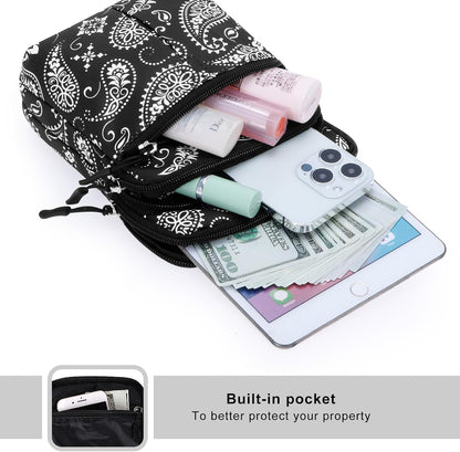 Multifunction Phone Bag One Shoulder Phone Waist Bag Diagonal Cross Bag Smart Phone Case Outdoor Bag Triple Zip Hipster Crossbody Purse for Women & Men Black-flowers